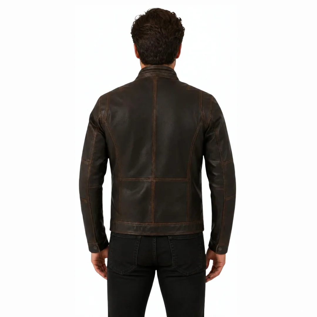 Biker Slim Fit Vintage Distressed Brown Real Leather Jacket back