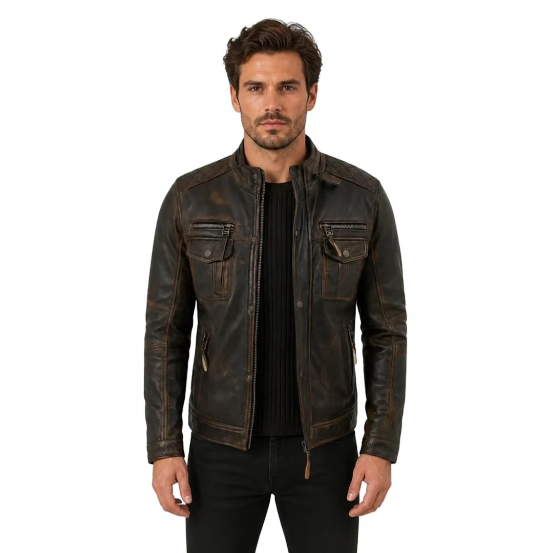 Biker Slim Fit Vintage Distressed Brown Real Leather Jacket
