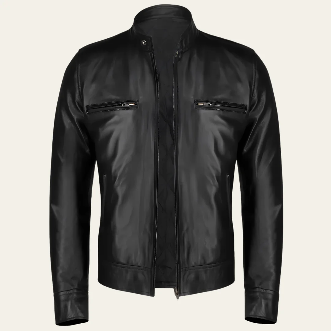 Black Slim Fit Biker Cafe Racer Leather Jacket