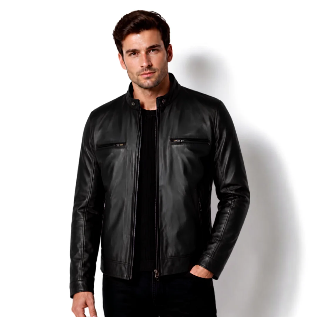 Black Slim Fit Biker Cafe Racer Leather Jacket