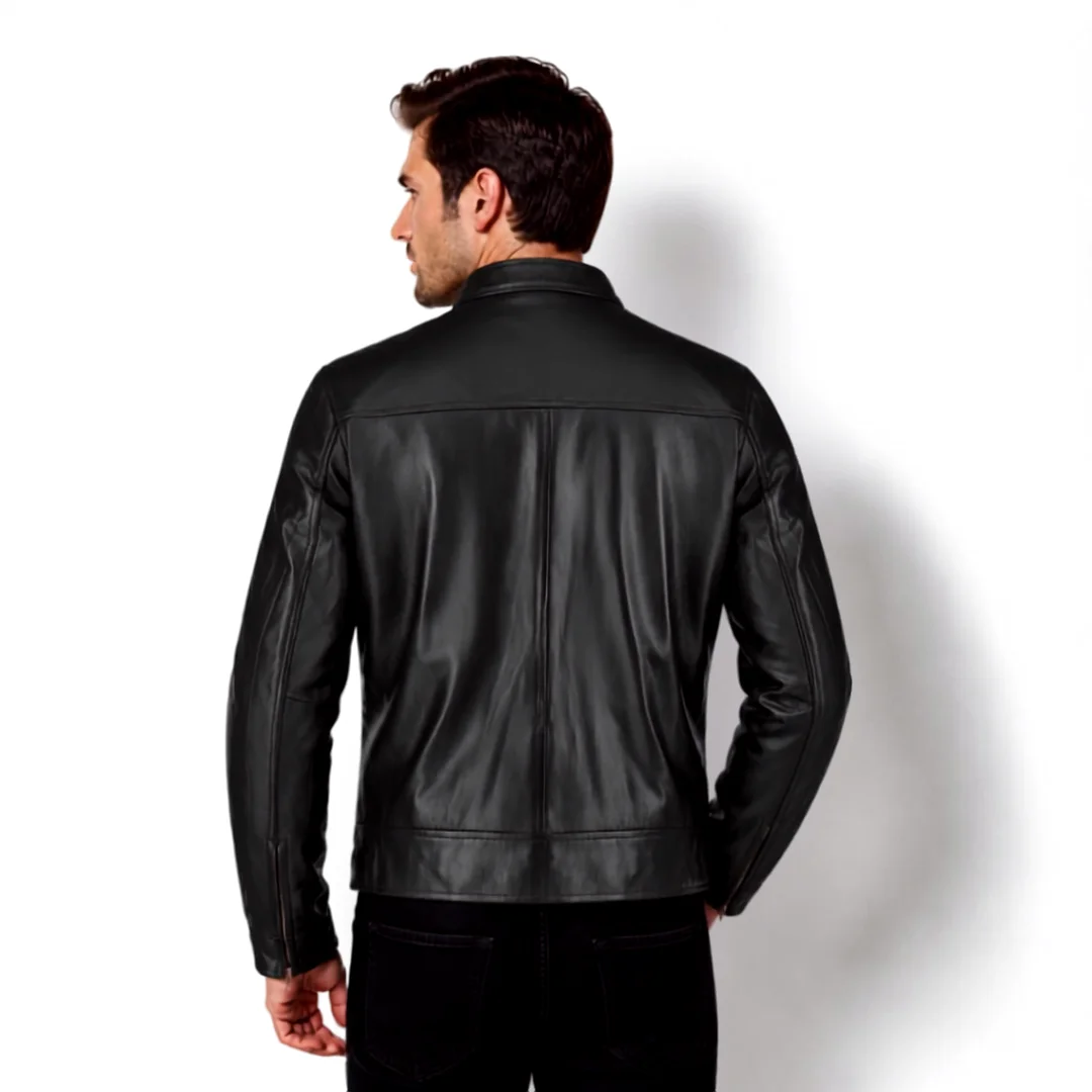 Black Slim Fit Biker Cafe Racer Leather Jacket back
