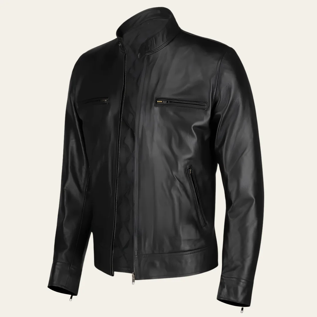 Black Slim Fit Biker Cafe Racer Leather Jacket side
