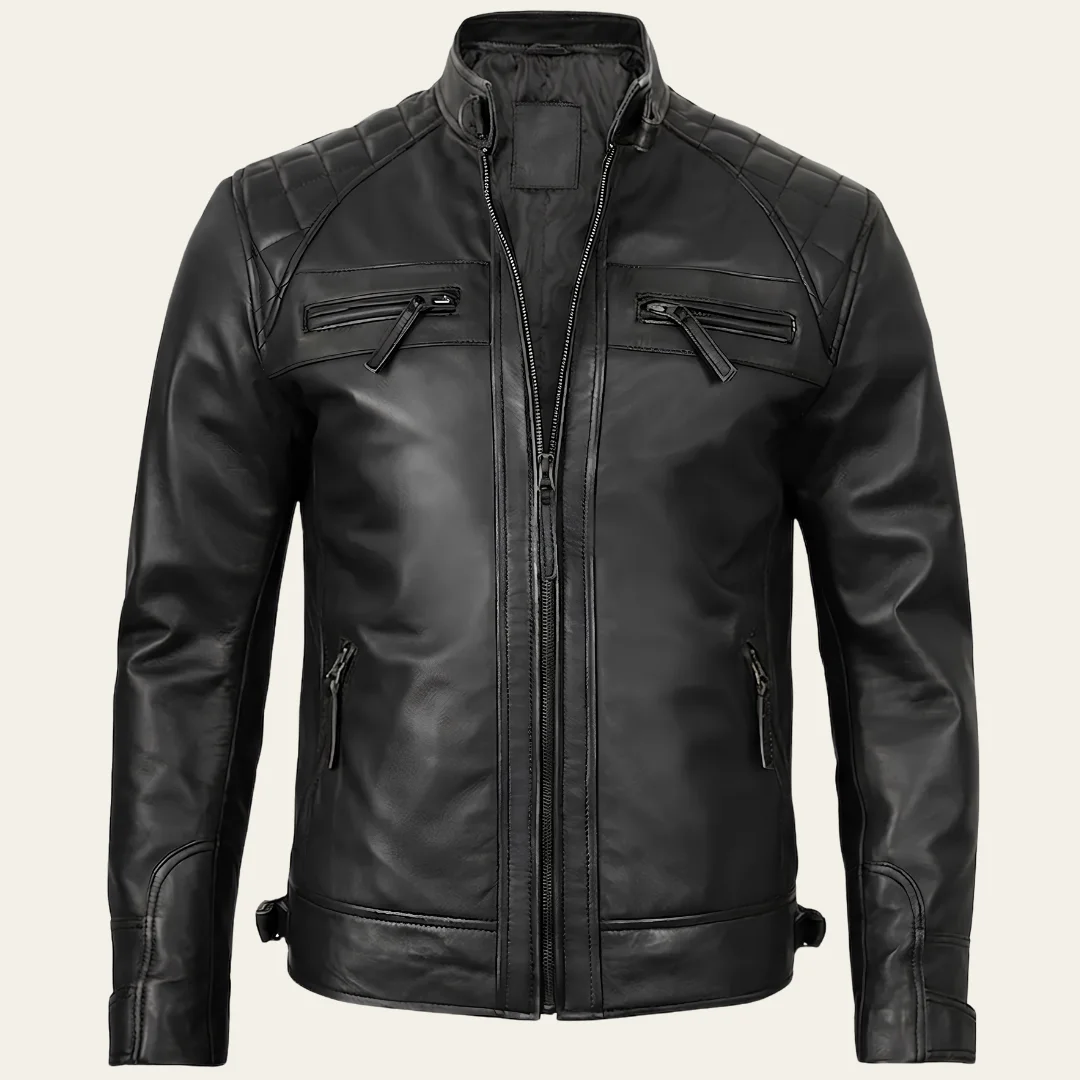 Men Cafe Racer Style Black Biker Leather Jacket close