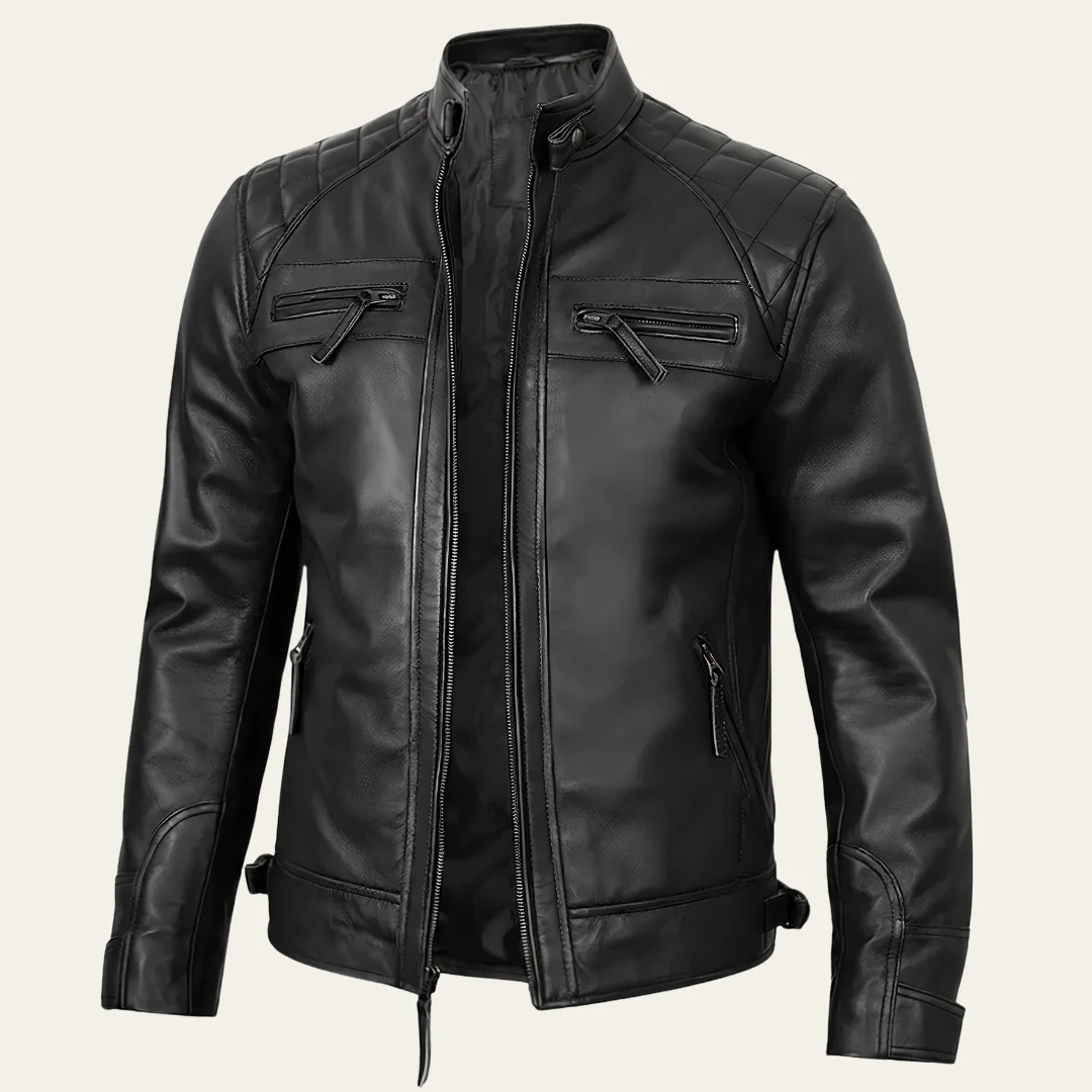 Men's Cafe Racer Style Black Biker Leather Jacket