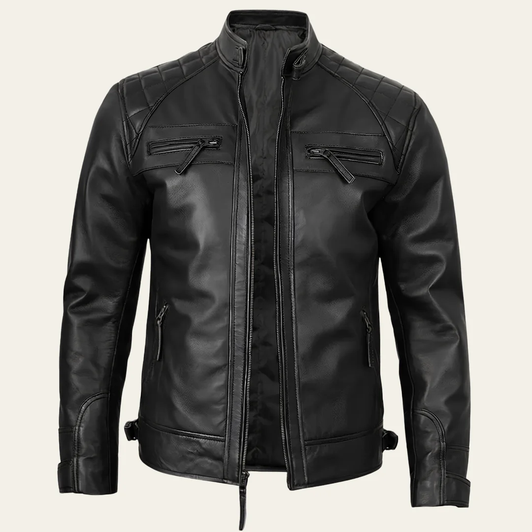 Men's Cafe Racer Style Black Biker Leather Jacket