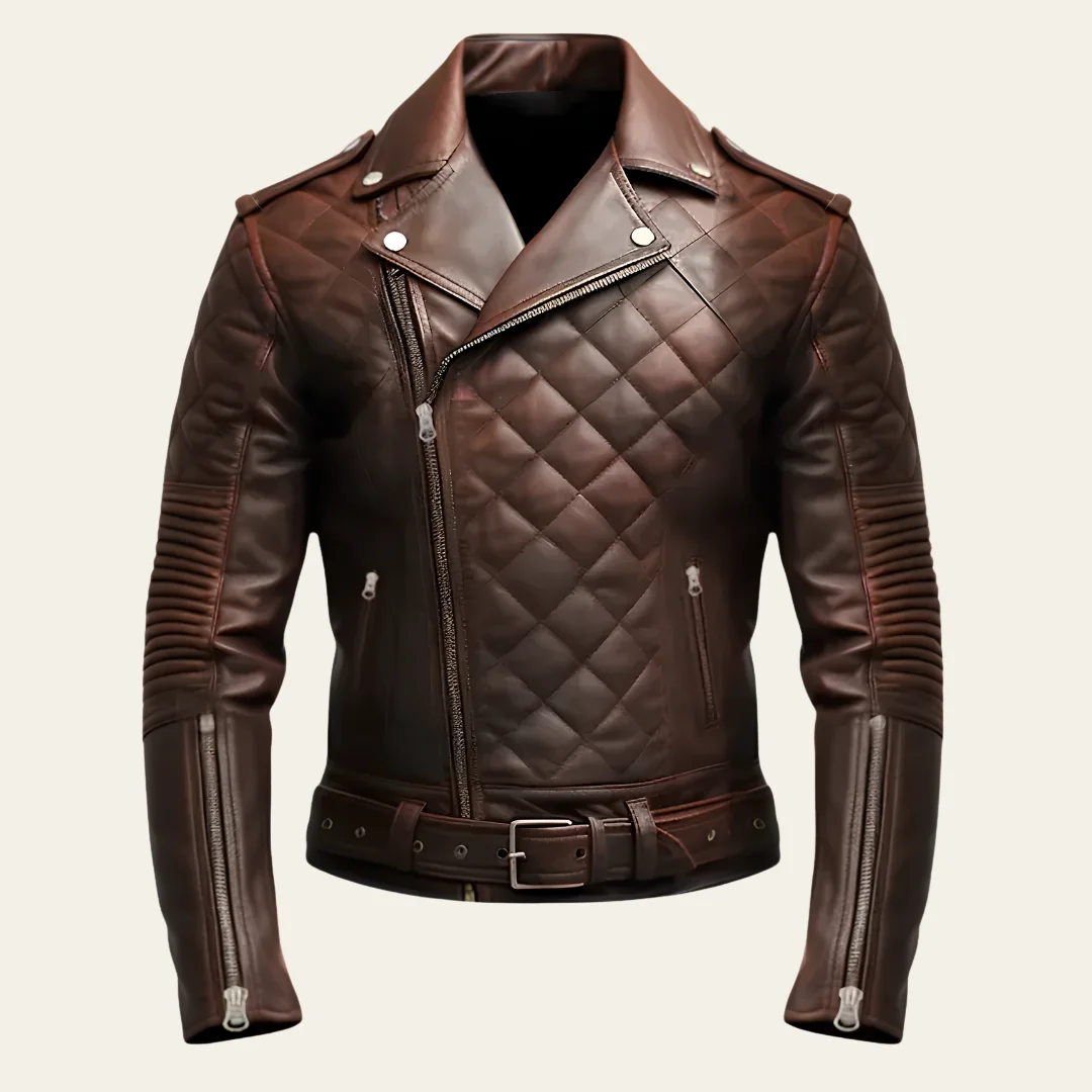 Men Quilted Brown Biker Motorcycle Leather Jacket