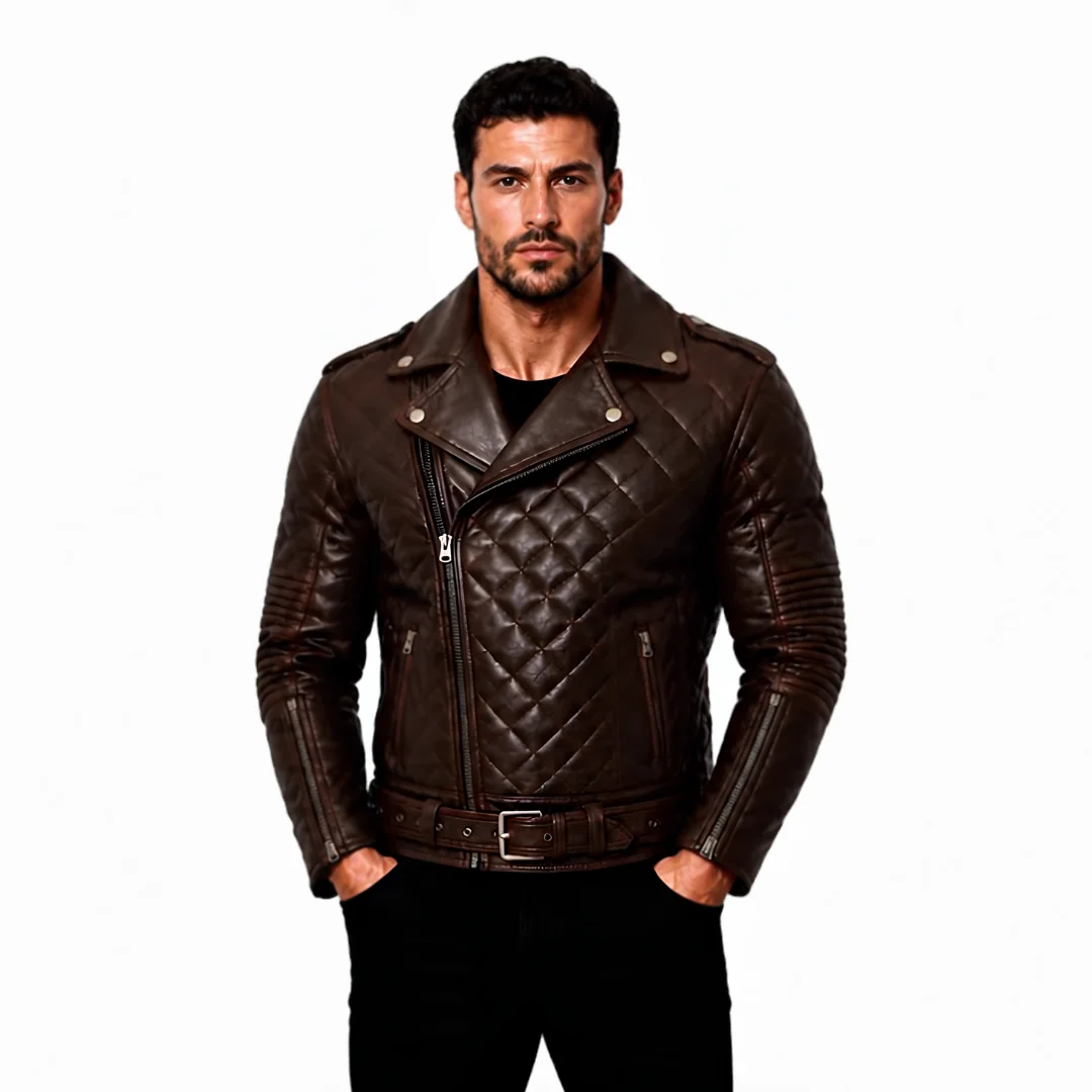 Men Quilted Brown Biker Motorcycle Leather Jacket