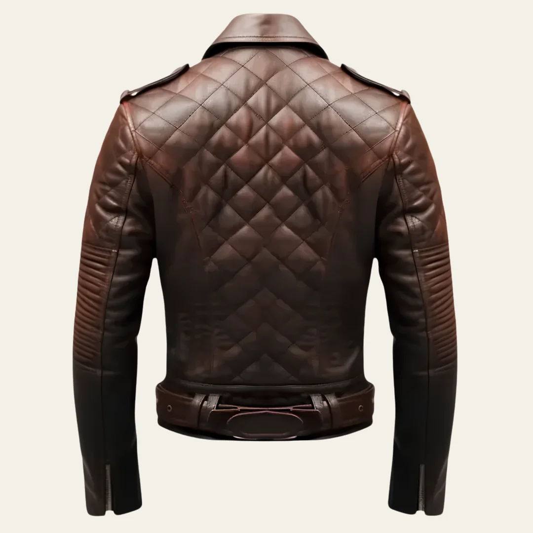 Men Quilted Brown Biker Motorcycle Leather Jacket back