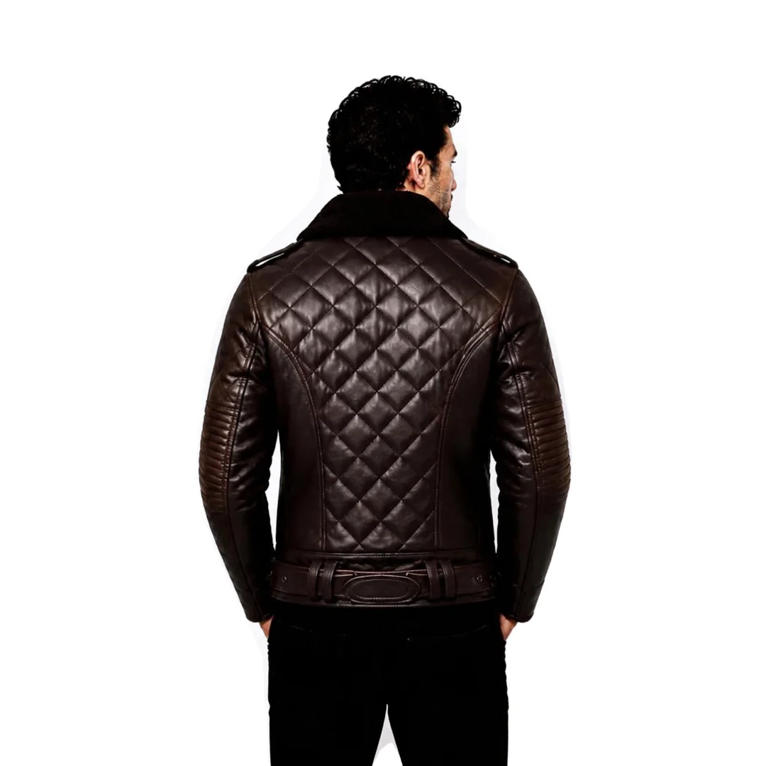 Men Quilted Brown Biker Motorcycle Leather Jacket back