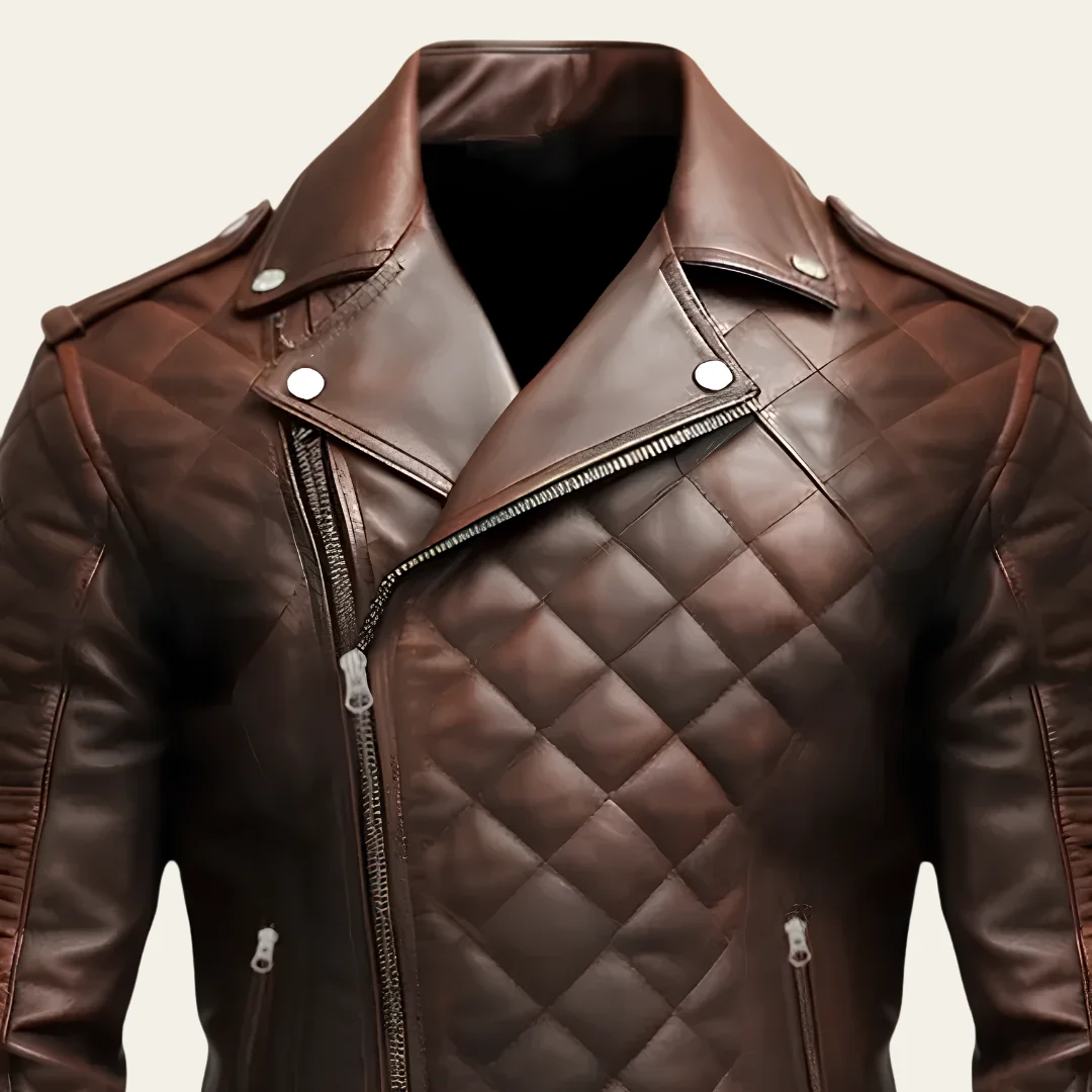 Men Quilted Brown Biker Motorcycle Leather Jacket