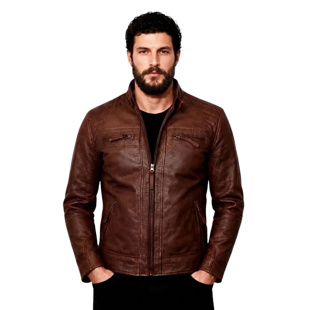 Men Slim Fit Brown Leather Jacket