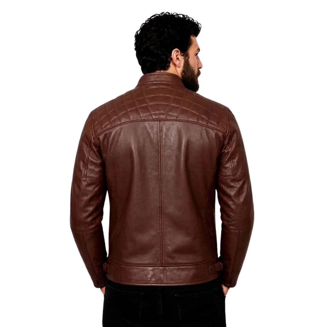 Men Slim Fit Brown Leather Jacket back