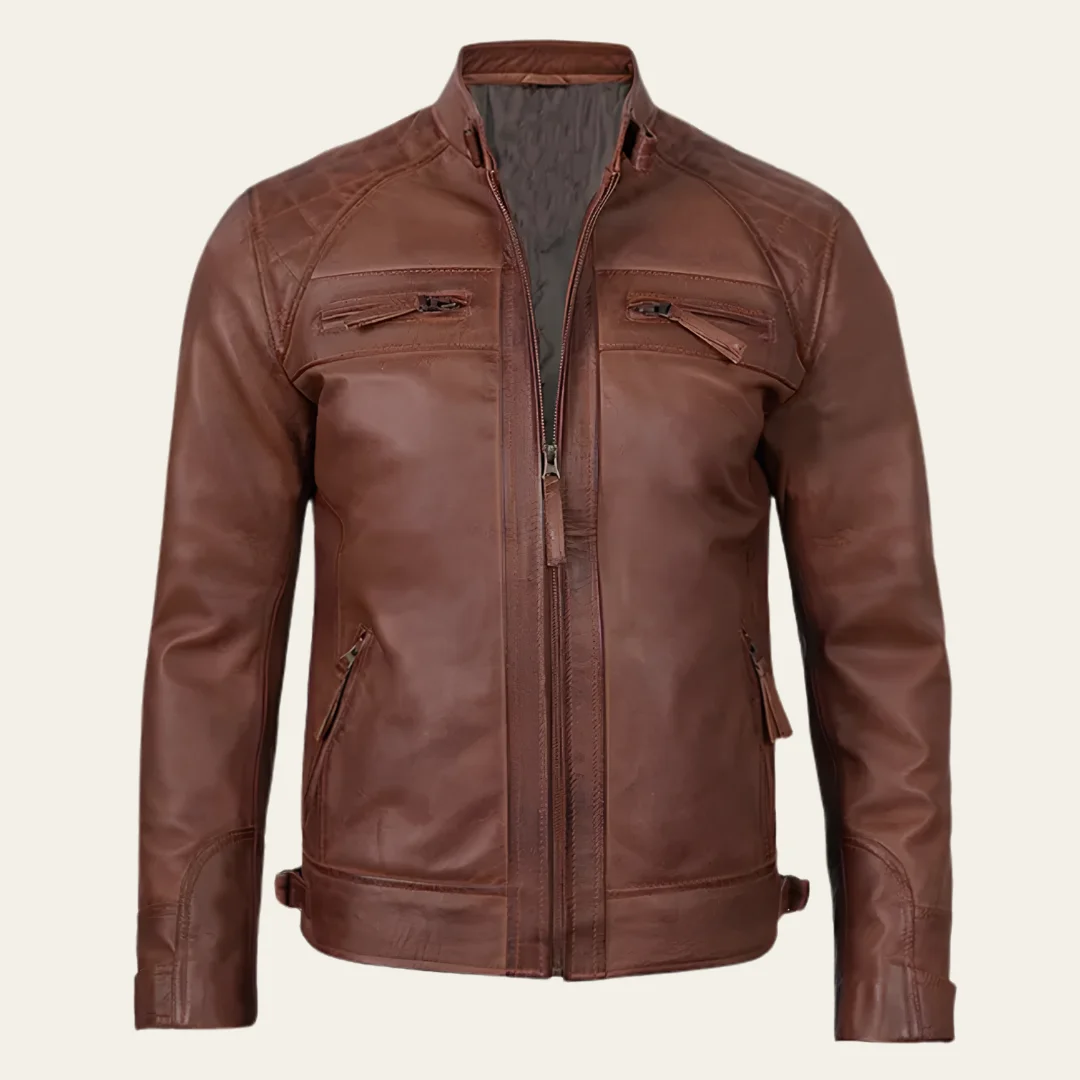 Men Slim Fit Brown Leather Jacket