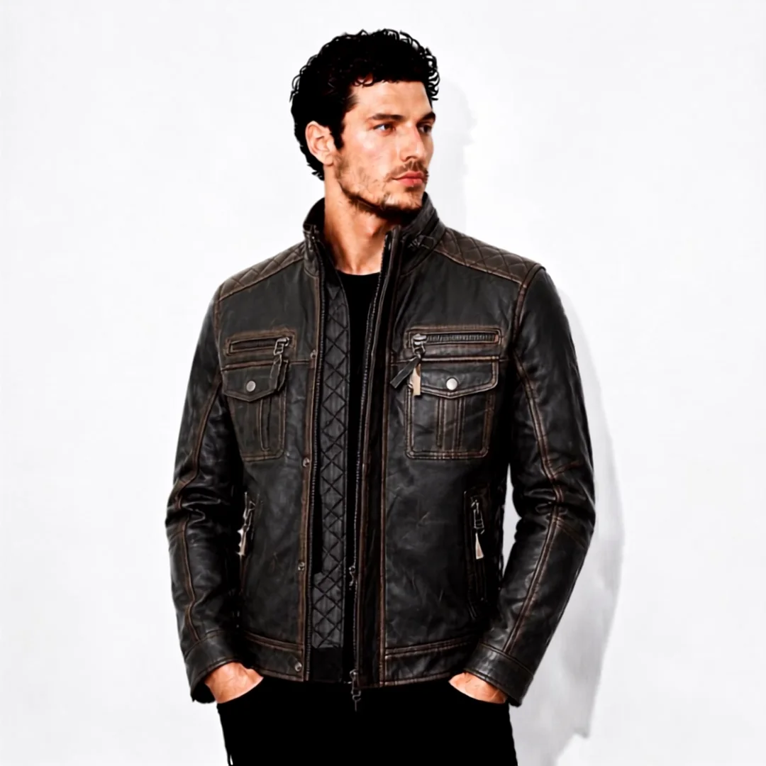 Men's Black Quilted Biker Leather Jacket