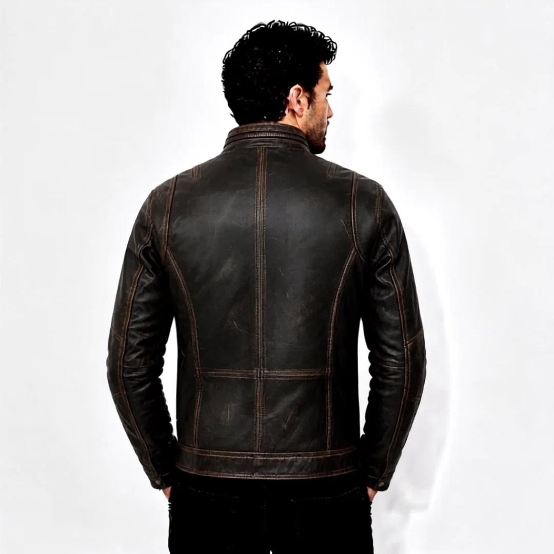 Mens Black Quilted Biker Leather Jacket back