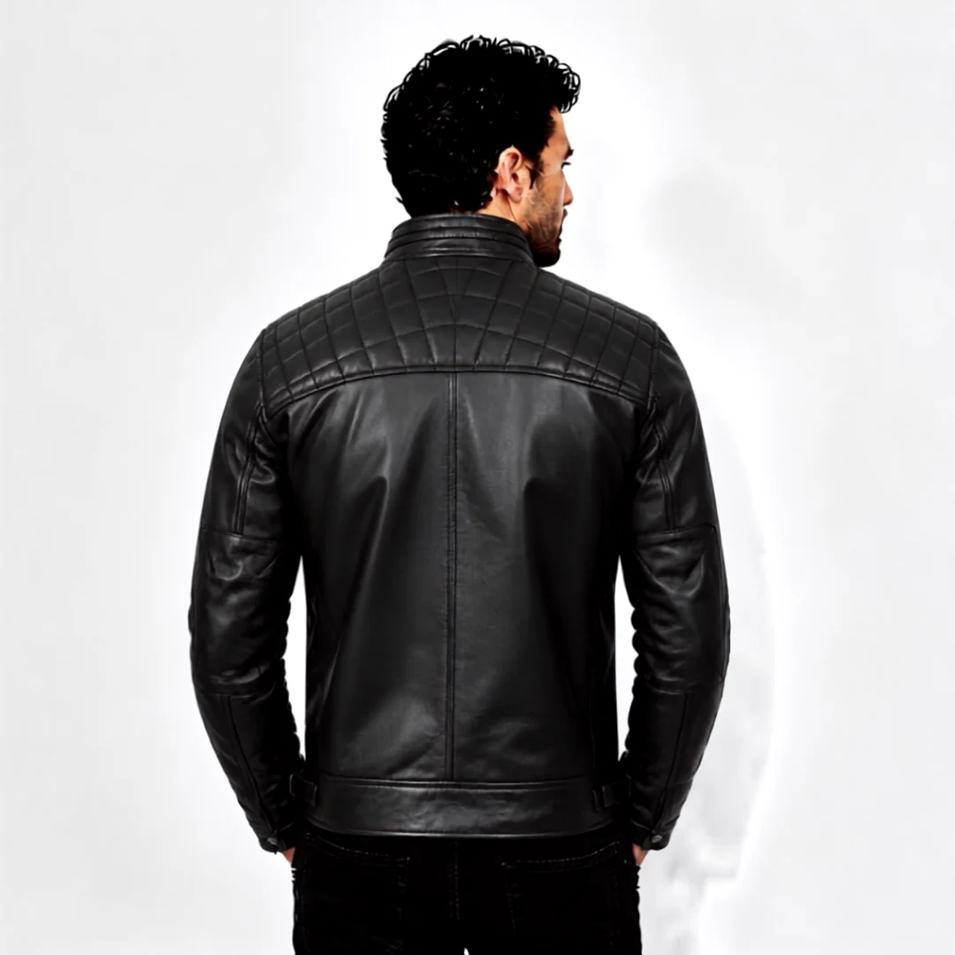 Mens Cafe Racer Style Black Biker Leather Jacket back