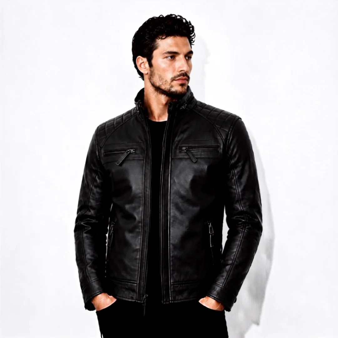 Men's Cafe Racer Style Black Biker Leather Jacket