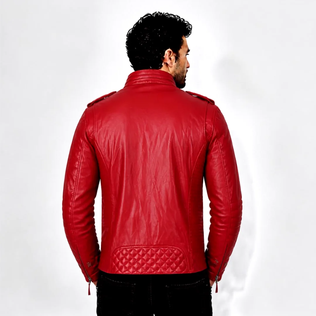 Mens Red Quilted Biker Leather Jacket back
