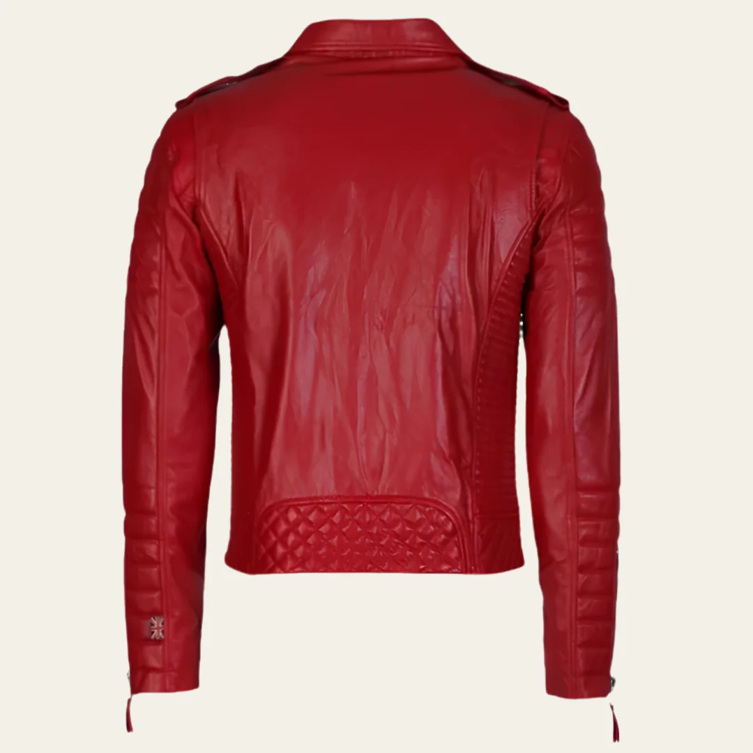 Red Quilted Biker Leather Jacket Back
