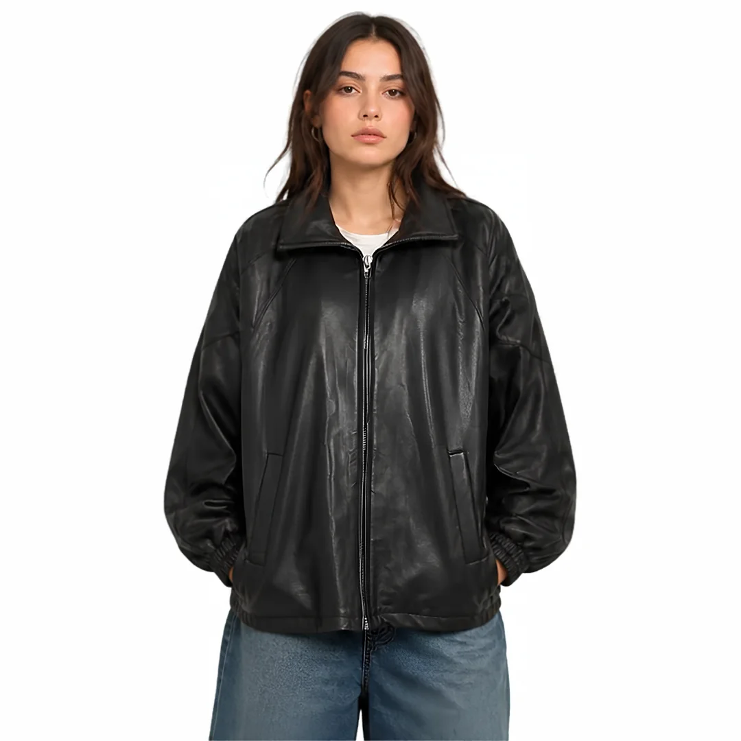 Women Oversize Leather Bomber Jacket